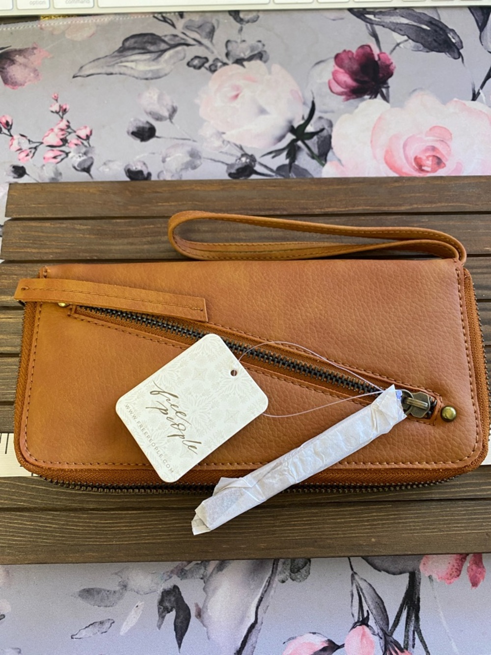 Free People Distressed Vegan Leather Zip Wallet Wristlet Brown NWT